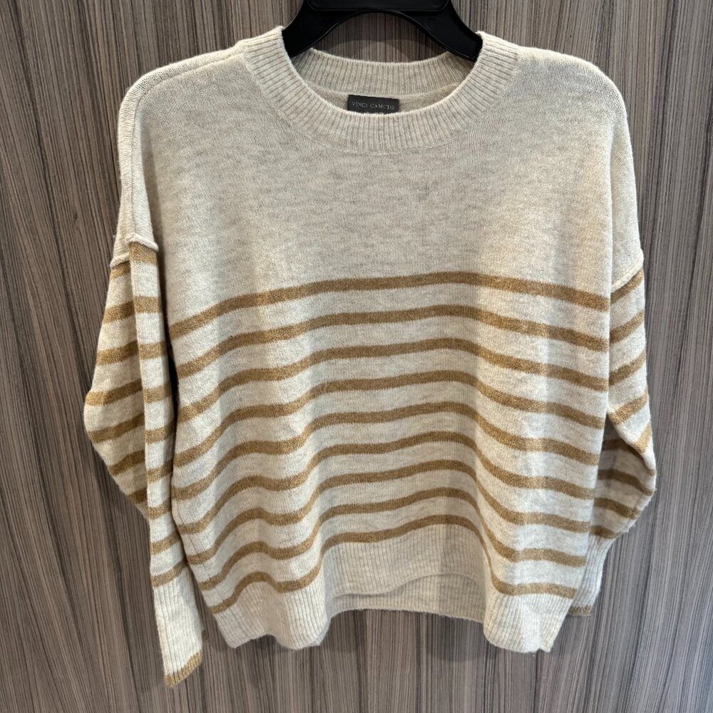 Vince Camuto Striped Crewneck Sweater Beige Gold XS